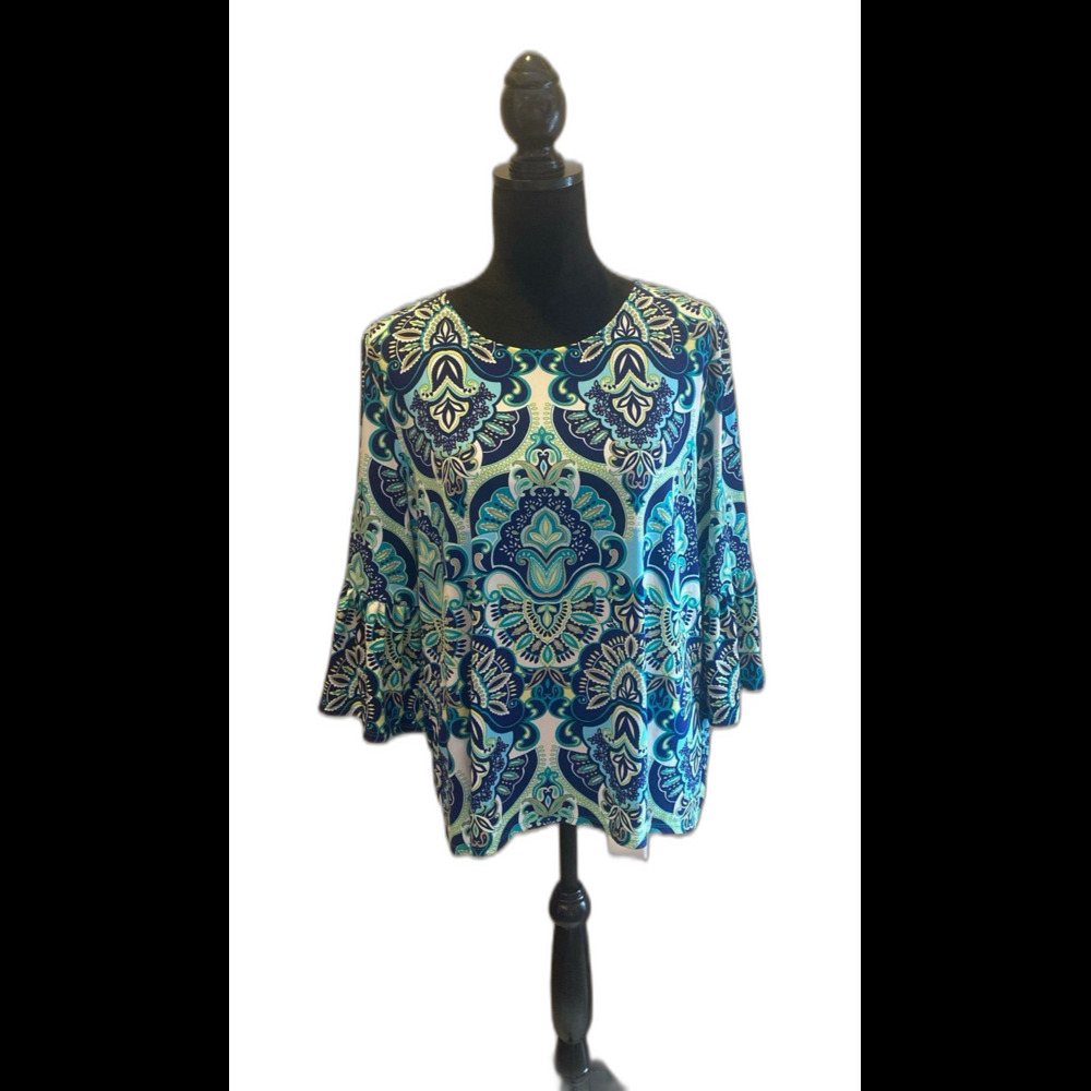 Chico’s Blouse‎ Sz Large Top Blue Green Paisley + Stretch Rounded Neck Casual